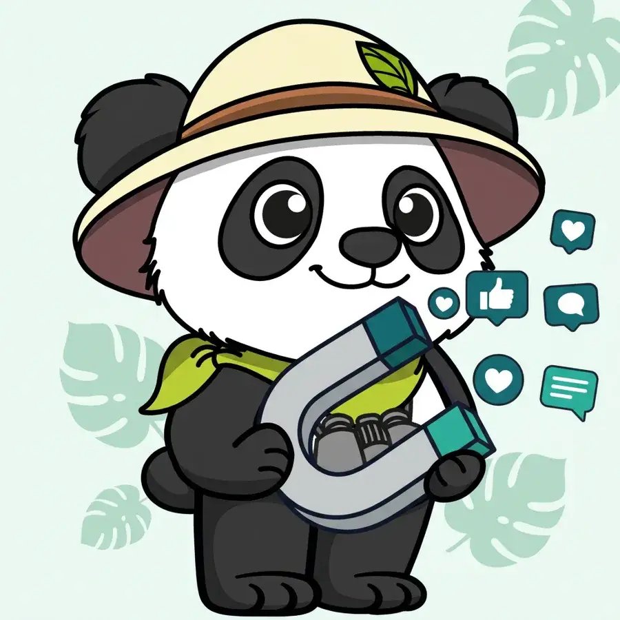 Panda explorateur avec un aimant attirant likes et réactions, stratégie social média sur mesure