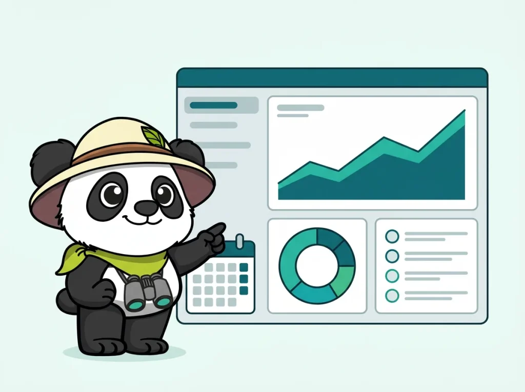 Panda explorateur présentant un tableau de bord de suivi SEO avec courbe de trafic en hausse