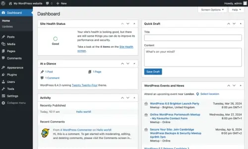 Tableau de bord WordPress avec état de santé du site, brouillon rapide et activité, CMS pour créer son blog