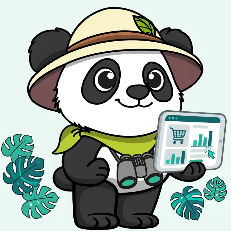 Panda explorateur avec casque sur tablette devant un tableau de bord SEA pour site e-commerce, Panda avec casque sur tablette devant un tableau de bord SEA pour