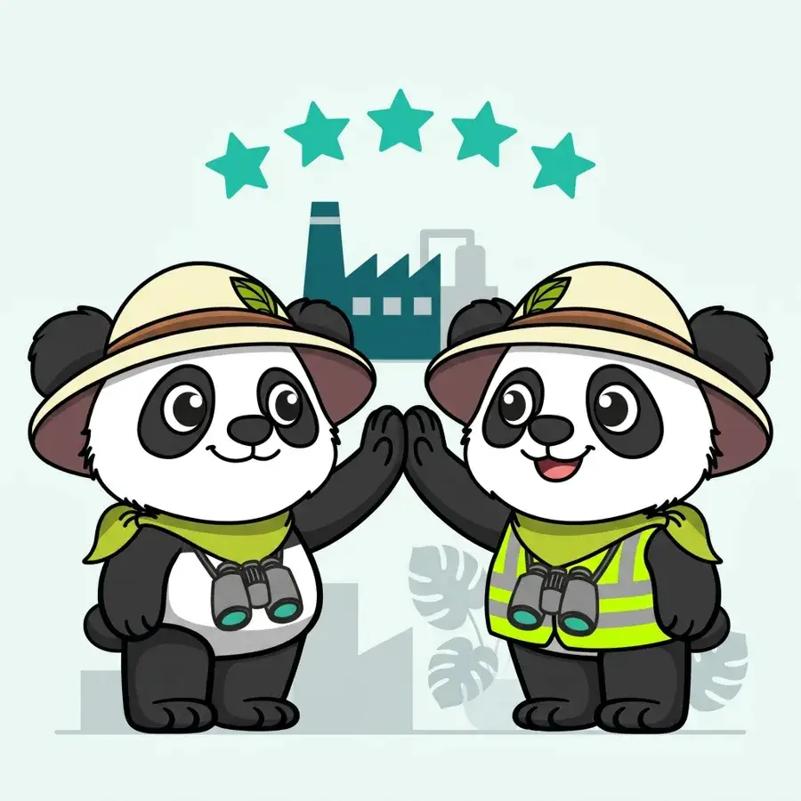 Deux pandas explorateurs, dont un en casque de chantier, se checkent pour illustrer les témoignages clients industriels