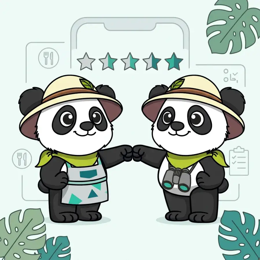 Deux pandas explorateurs, un chef et un conseiller, se tapent le poing pour illustrer les témoignages de restaurants