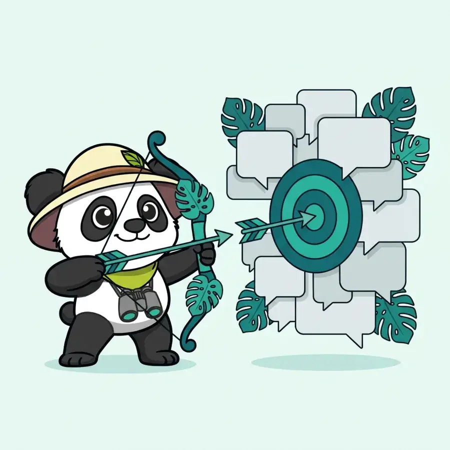 Panda explorateur archer visant une cible atteinte par une flèche, utiliser le bon ton pour toucher sa cible