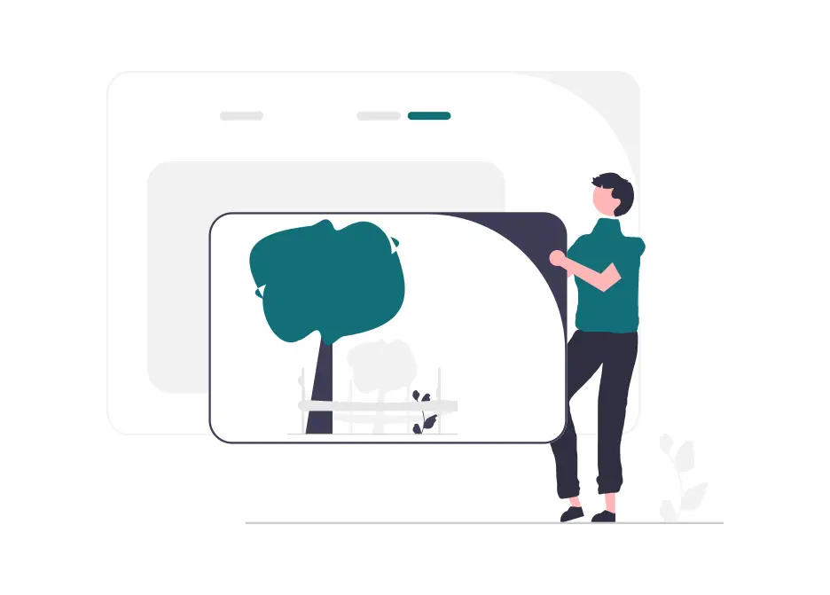 Personnage tenant une grande image d'arbre devant une page web, illustrant le format et le poids des images
