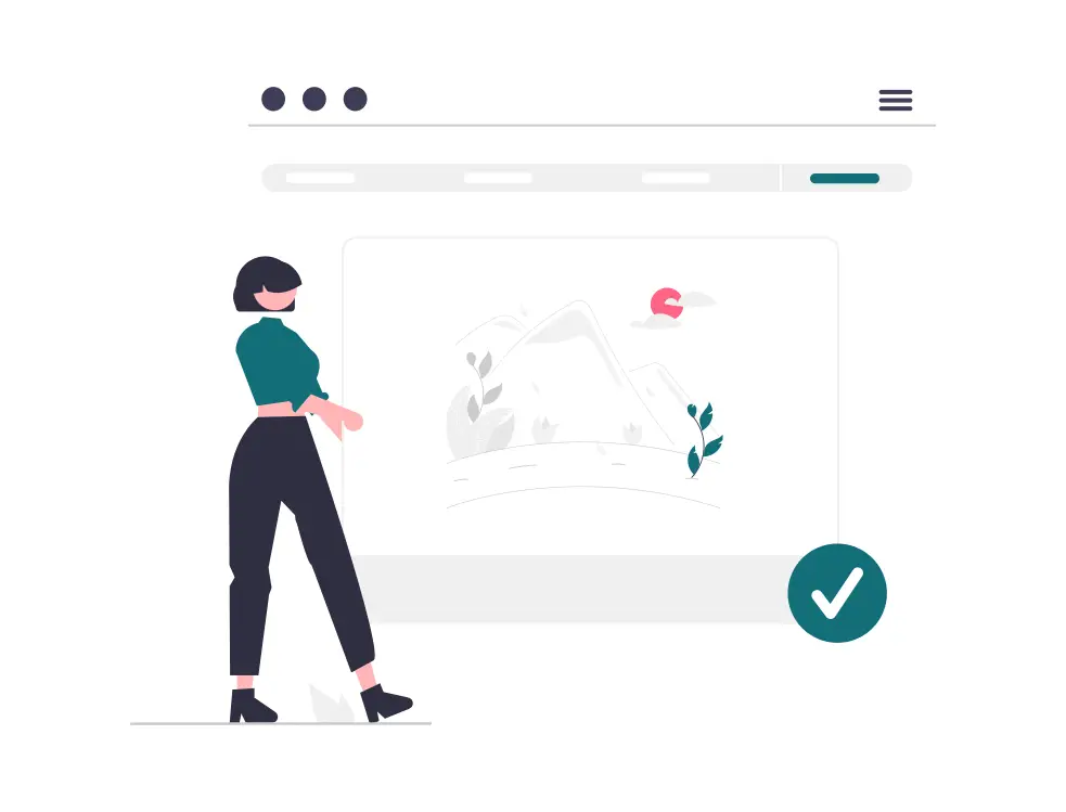 Femme devant une page web illustrée validée par une coche verte, symbole d'un site durable et responsable