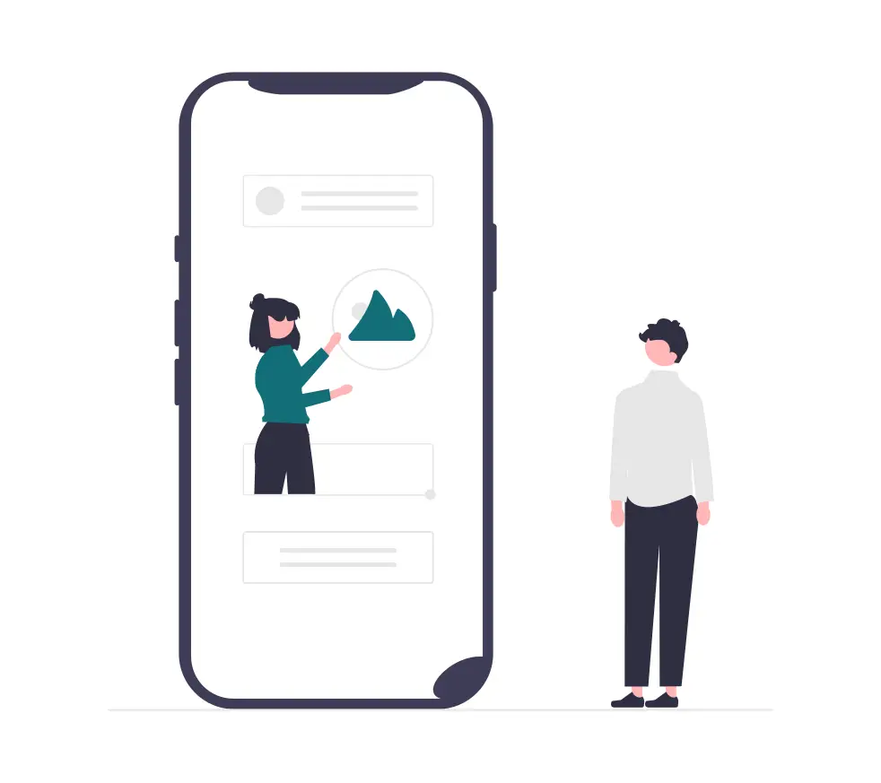 Femme présentant une image dans un smartphone géant à un homme, le digital comme tremplin vers la RSE