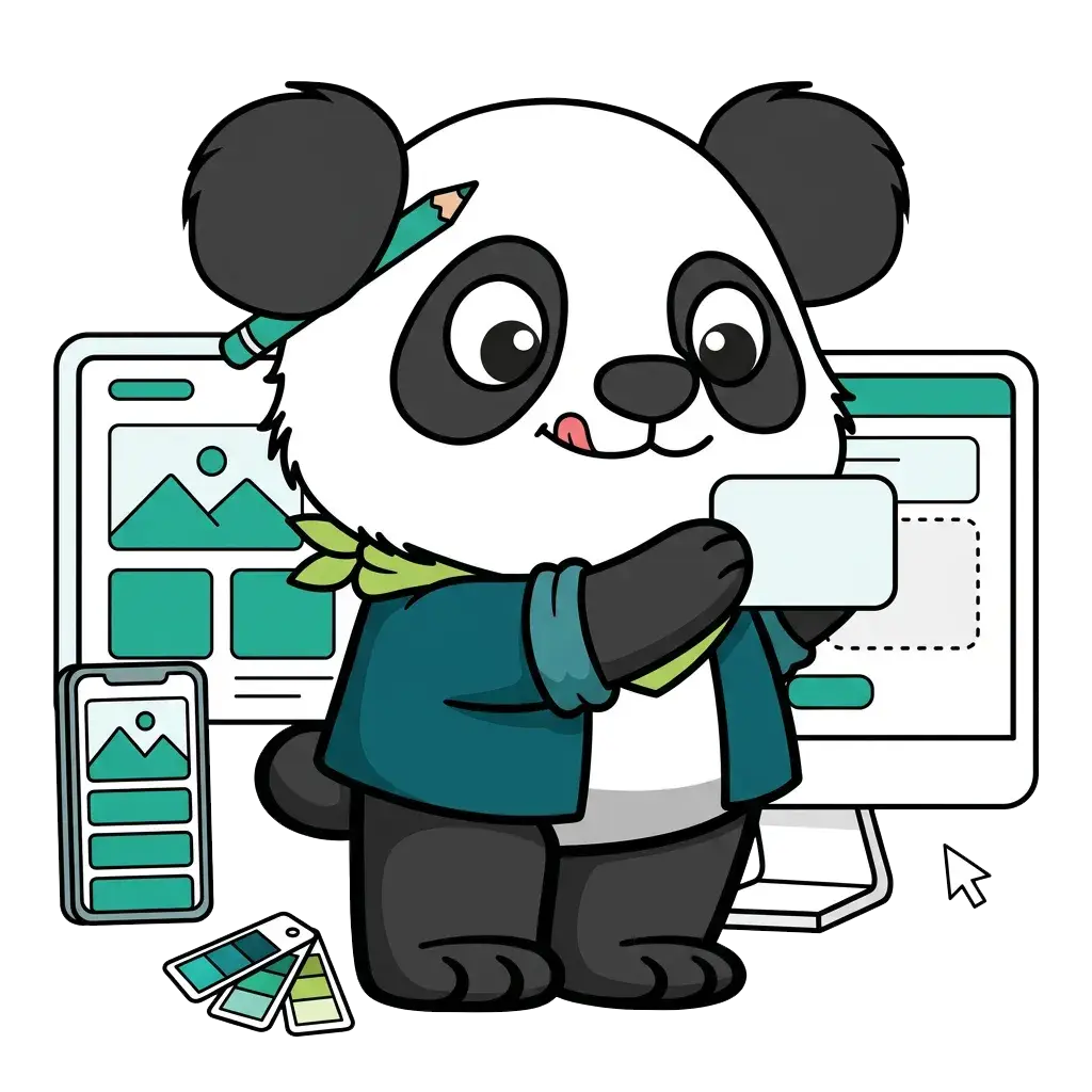 Panda webdesigner assemblant la maquette d'un site web et sa version mobile, conception UX et UI design