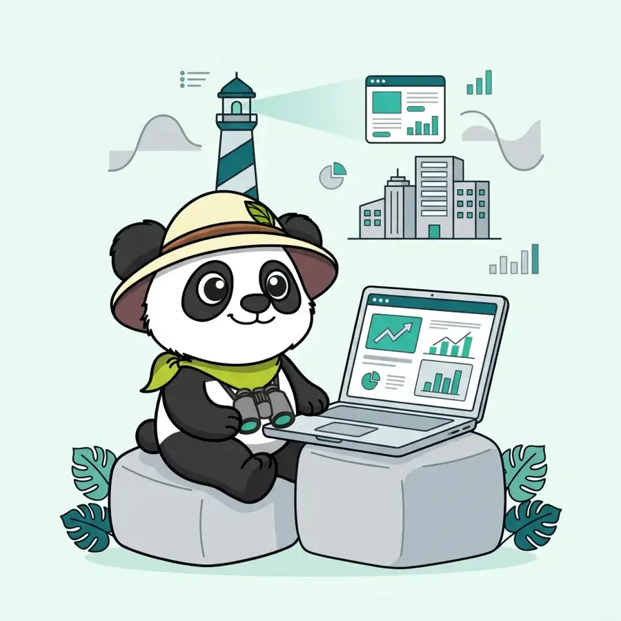 Panda explorateur sur pouf analysant courbes et statistiques, gagner en visibilité en BtoB