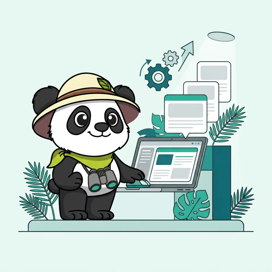 Panda explorateur sur ordinateur devant un graphique en hausse et des engrenages, accroître la visibilité des contenus