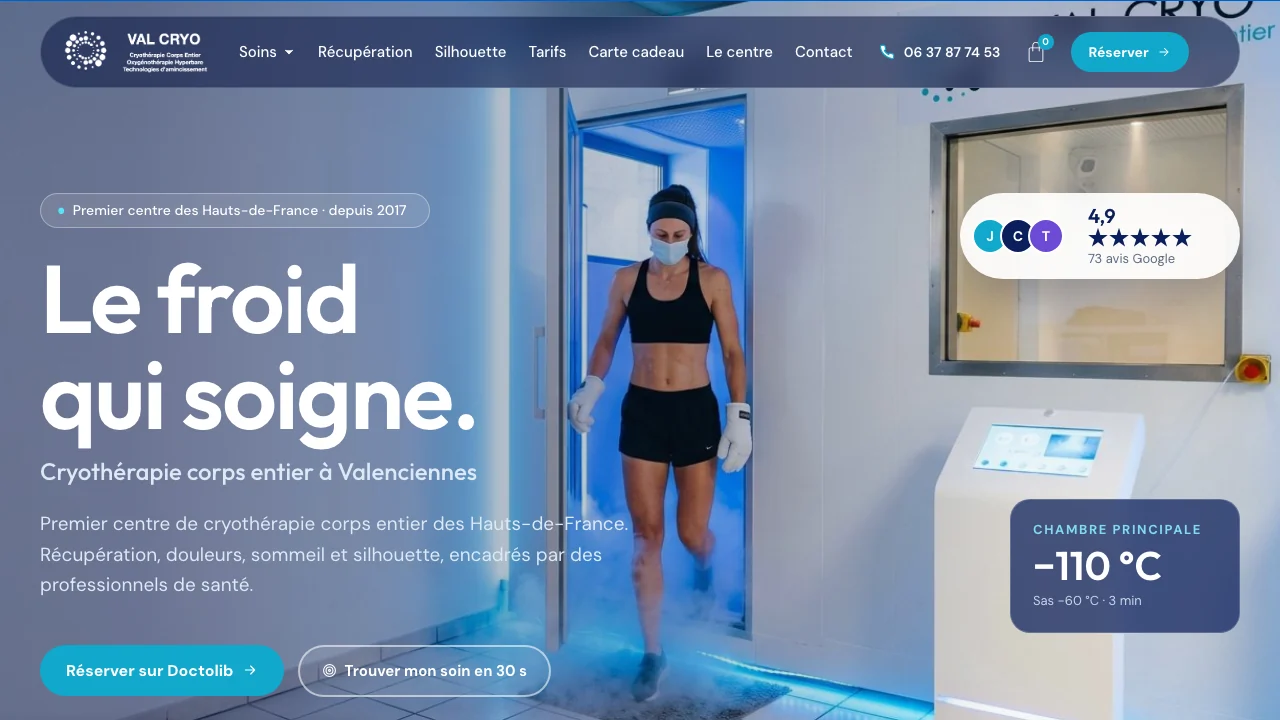 Nouvelle page d’accueil du site Val Cryo, centre de cryothérapie corps entier à Valenciennes, après la refonte