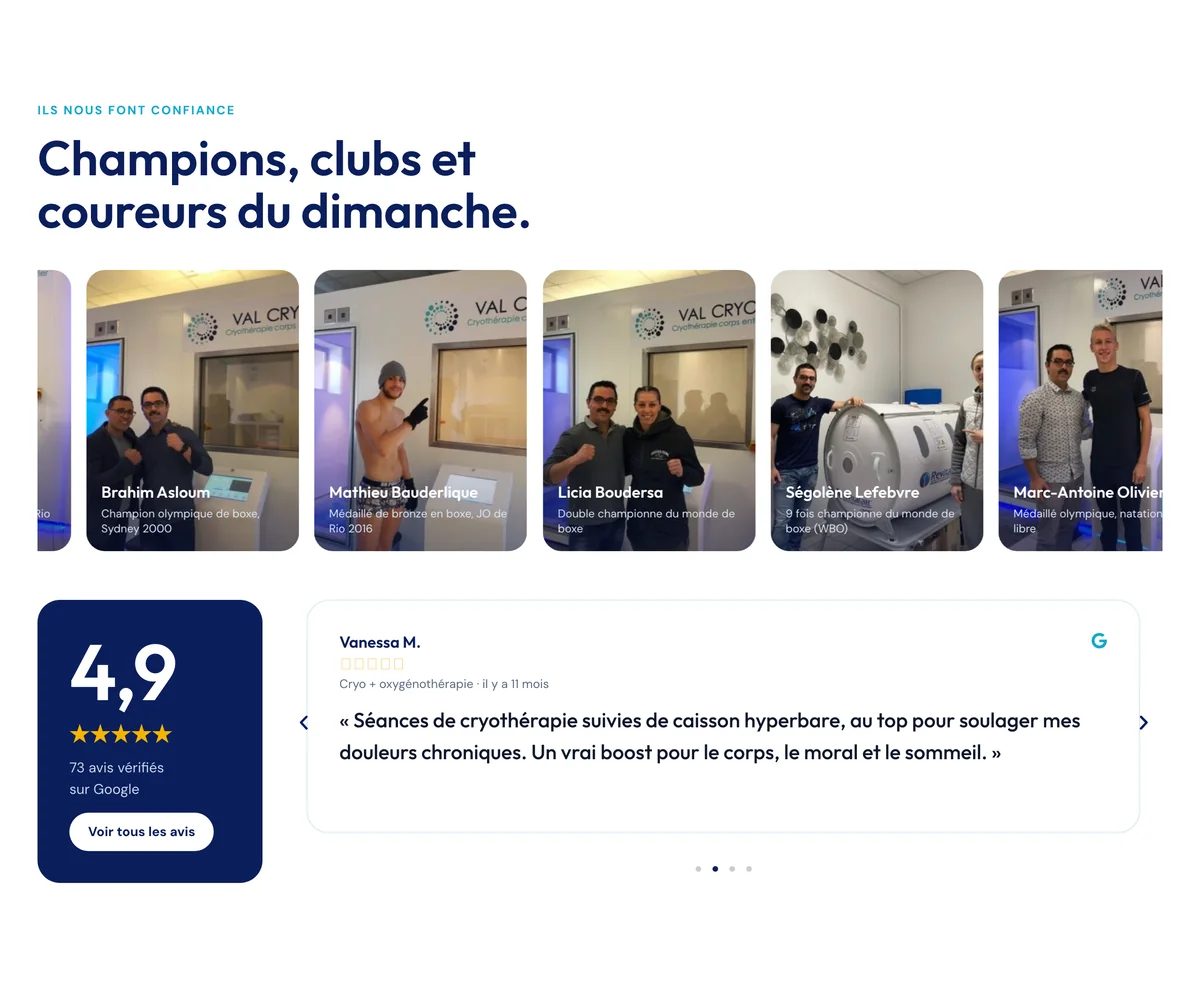 Section « Ils nous font confiance » du site Val Cryo : sportifs de haut niveau photographiés au centre et note Google de 4,9