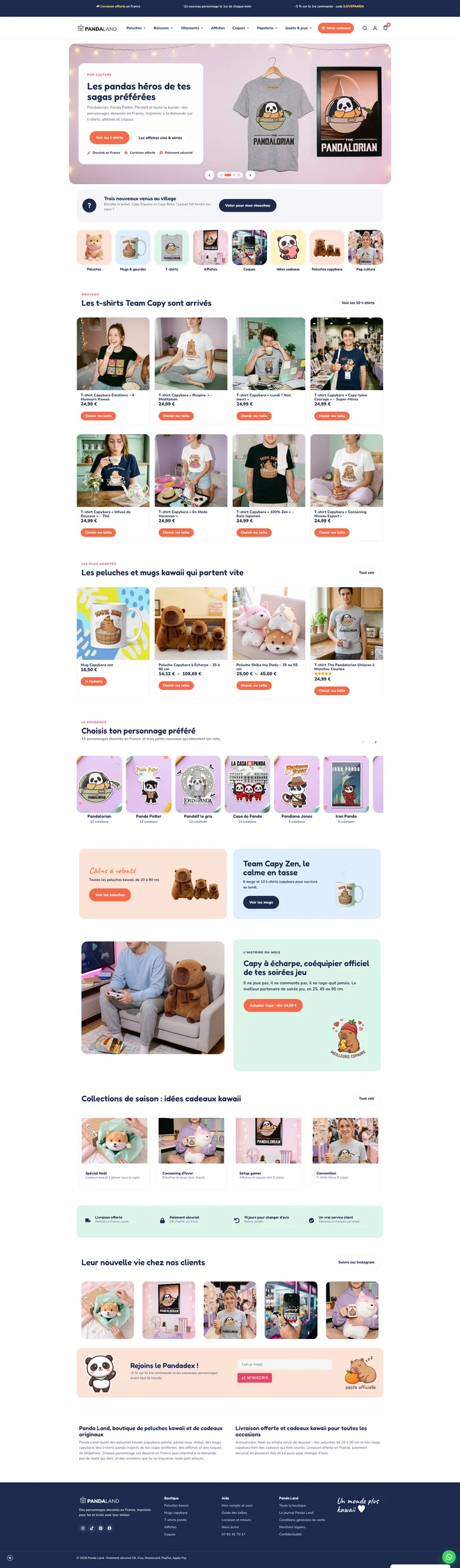Site e-commerce Panda Land, peluches kawaii, mugs et t-shirts capybara
