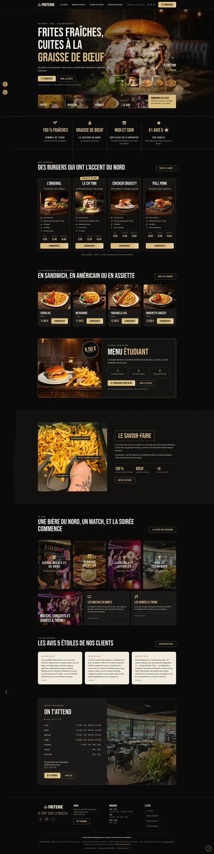 Site vitrine trilingue de La Friterie à Valenciennes : page d’accueil en français, anglais et néerlandais